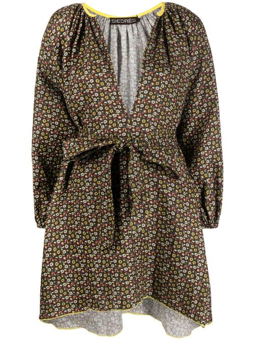 Belted floral-print dress - Brown