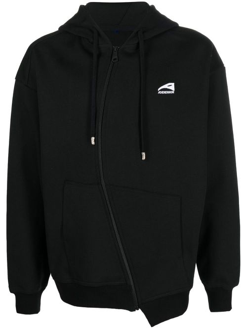 Curved-zip long-sleeve hoodie - Black