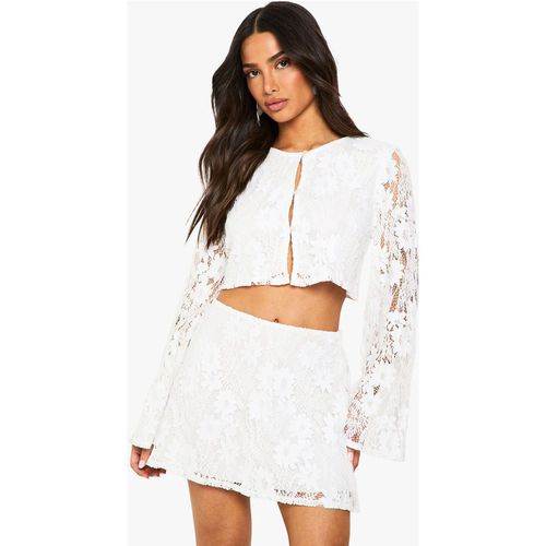 Boohoo Womens Petite Crochet Long Sleeve And Mini Skirt Co ord - White