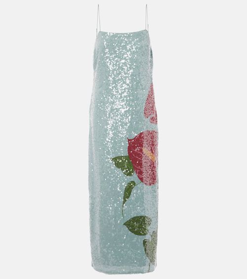 Anthurium printed embellished slip dress