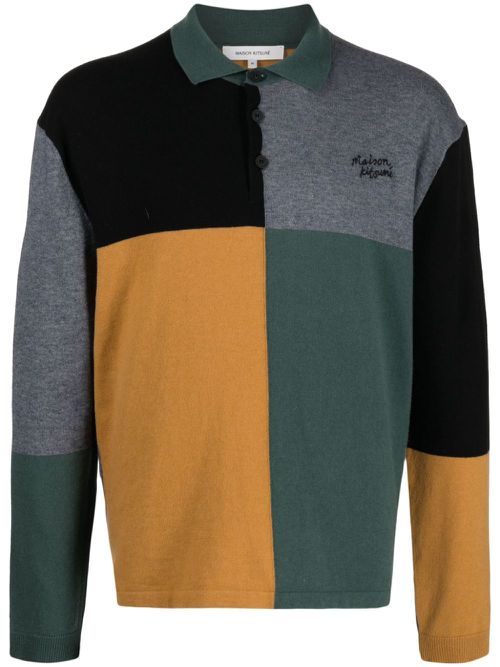 Colour-block knitted polo jumper - Green