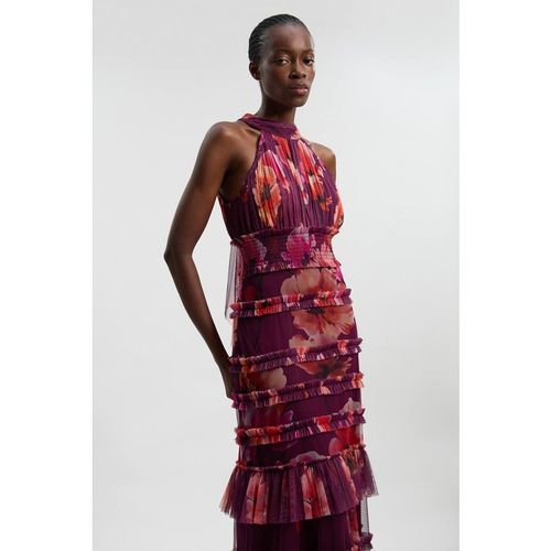 Karen Millen Women's Petite Floral Tulle Halter Neck Woven Maxi Dress in Purple