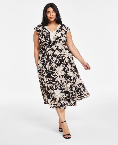 Plus Size Printed V-Neck Fit & Flare Dress - Black Natural