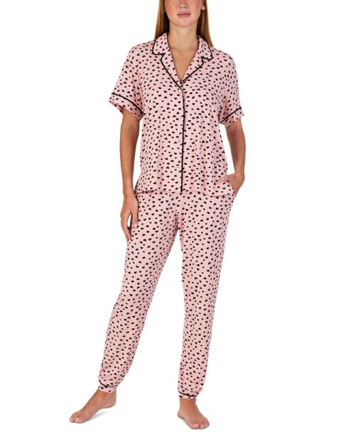 Women's Short-Sleeve Notch-Collar Jogger Pajama Set - Pink