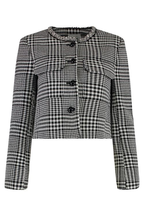 Prince of Wales Check Jacquard Knit Jacket with Decorative Stones