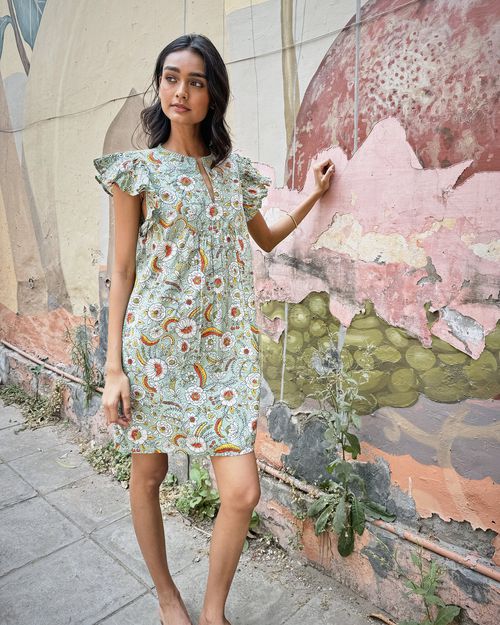 Organic Cotton Flutter Sleeve Floral Mini Dress in India Bloom | Women's XS | Green