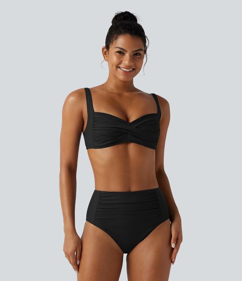 Adjustable Straps Twisted Ruched Built-in Bra Push-Up Tummy Control Bikini Set  - Black