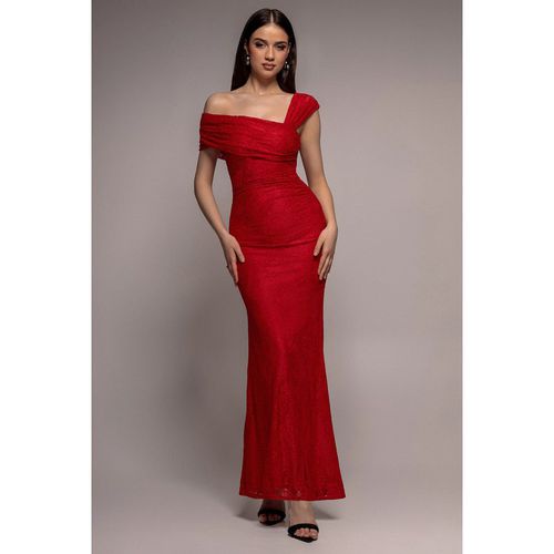 Goddiva One Shoulder Pleated Bardot Lace Maxi Dress - Red