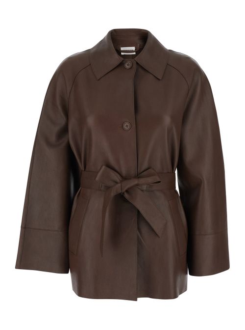 Lamb Leather Wide Collar Blazer — Brown