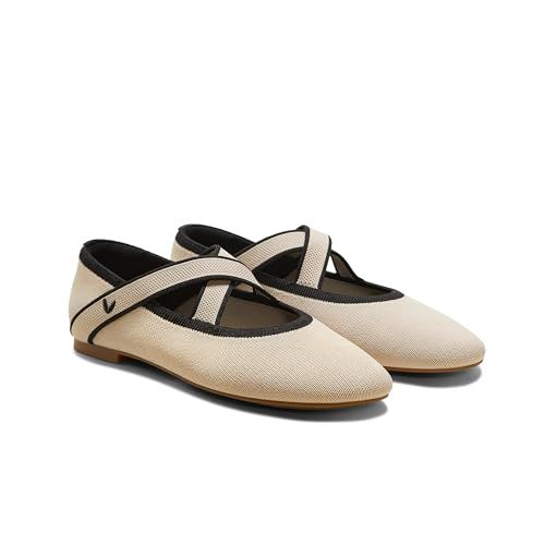 VIVAIA Nia Women’s Mary Jane Flats Shoe with Cross-Strap Style Almond Toe Comfortable Ballet Flats for Casual Daily Wear - Black Cream Ivory