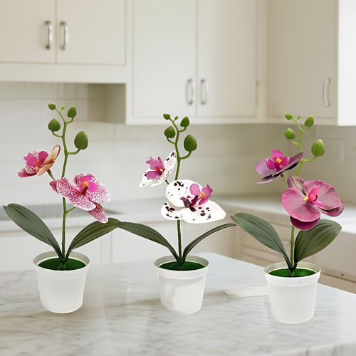 TEMU 3pcs Home Decor Artificial Flowers - Mixed Color Orchids In Pots, Suitable For Weddings, Parties, Proposals, Garden, Living Room, Dining Table