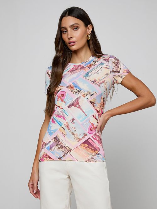 Ressi Fitted T-Shirt In Light Pink Multi Postcard Print