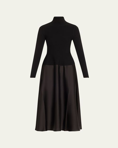 Frances Long-Sleeve Satin Combo Midi Dress
