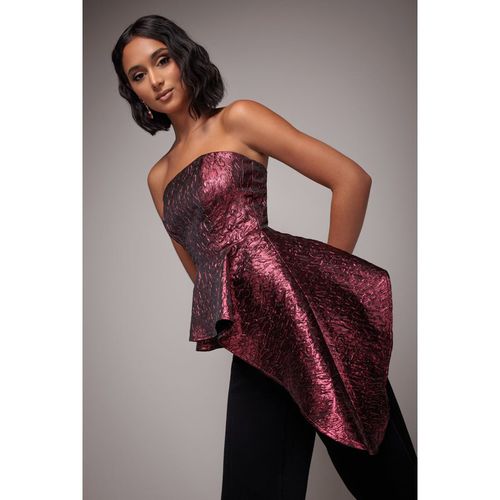 Goddiva Boob Tube Jacquard Top With Asymmetric Peplum Frill - Burgundy Red
