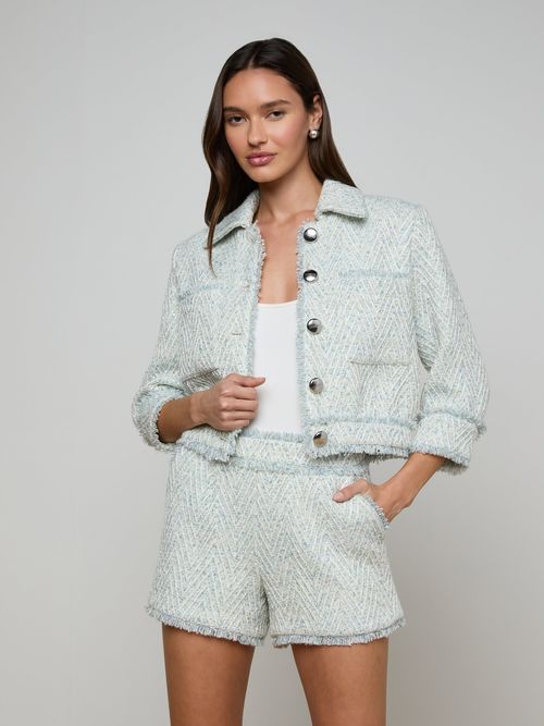 Jia Fringed Tweed Jacket In Light Blue/ivory Chevron