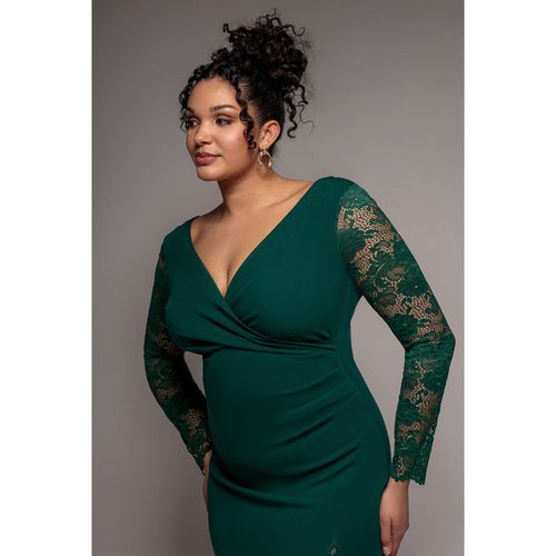 Goddiva Plus Scuba & Lace Wrap Maxi Dress - Emerald