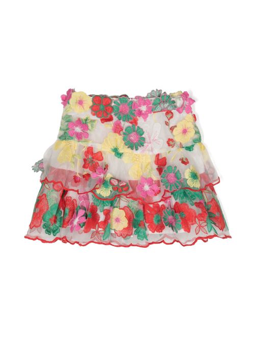 Floral-embroidery tulle-overlay skirt - Multicolour