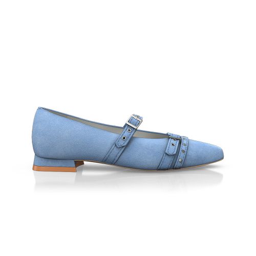 Ballerines pointues Chaussures plates Femme Faites main en Italie en Daim Bleu Clair - Sur Mesure, Petit, Boucles, Boucle - GIROTTI