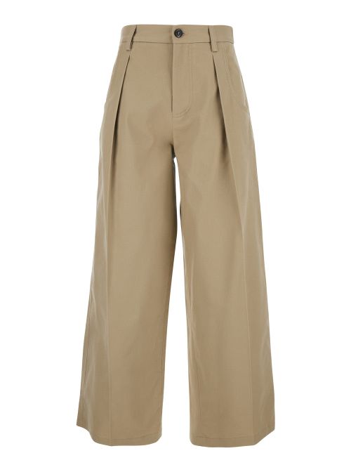 Front-Pleated Cotton Trousers — Beige