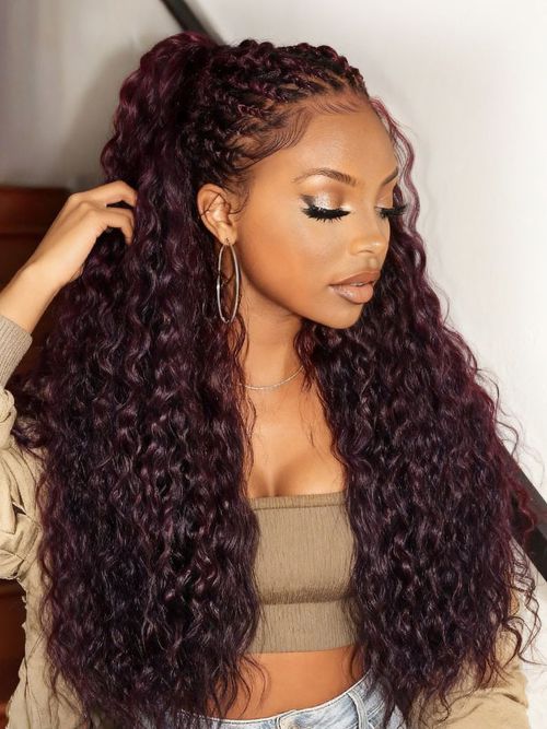 13x4 Pre-Everything™ Lace Frontal Black Cherry Water Wave Glueless Drawstring Wig 100% Human Hair Wig