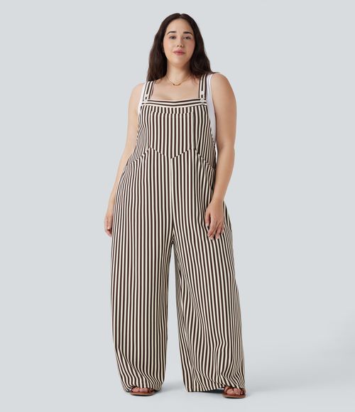 Plus Size Stripe Waffle Overalls with Pockets  - Khaki Brown Horizontal Stripe