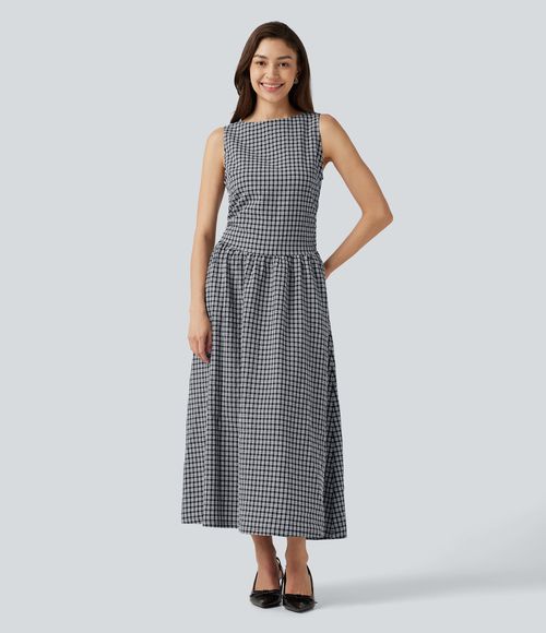 Boat Neck Sleeveless Gingham Midi Casual Dress with Pockets Casual Dress - Monochrome Check