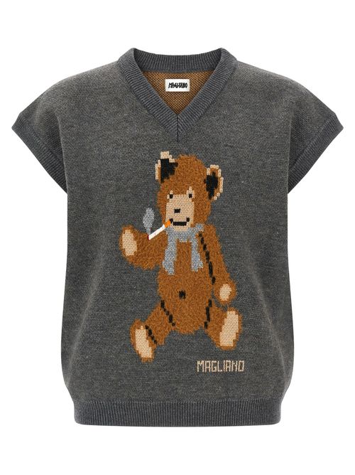 Teddy Bear Jacquard Knit Sweater — Gray