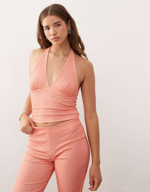 Crinkle textured halterneck top in orange gingham print - part of a set