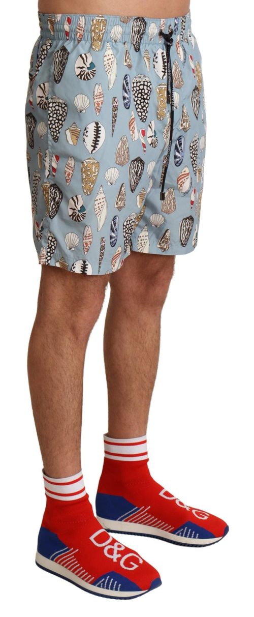 Seashell-Print Polyester Swim Shorts — Blue
