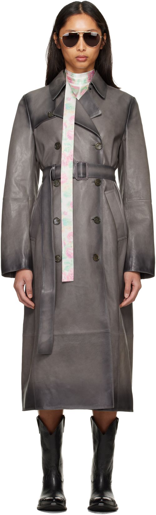 Gray Ombré Leather Trench Coat