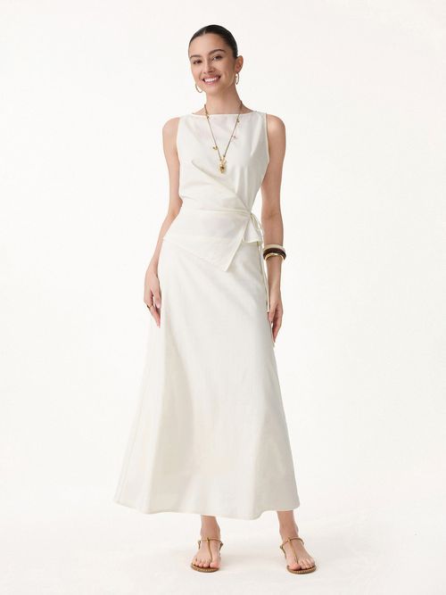 2Pcs Set Boatneck Waist-Defined Top & Maxi Flared Pull-On Skirt - Eggnog / XS