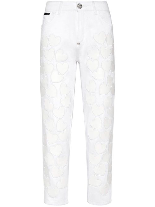 Heart-patches cropped jeans - White