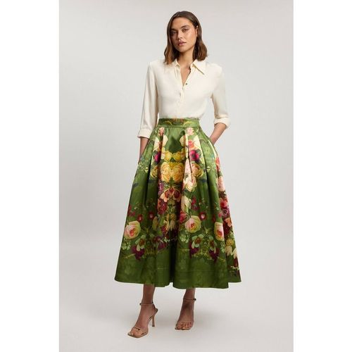 Karen Millen Women's Floral Twill Woven Prom Skirt in Khaki