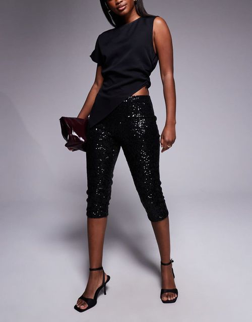Sequin capri pants with side slit in black - part of a set