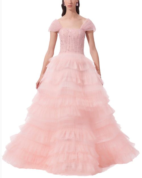 Off-Shoulder Pleated Tulle Ruffle Gown
