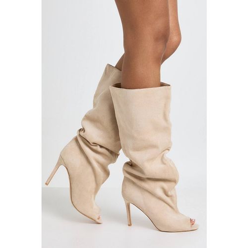 Boohoo Women's Faux Suede Slouchy Peep Toe Knee High Stiletto Boots in Beige