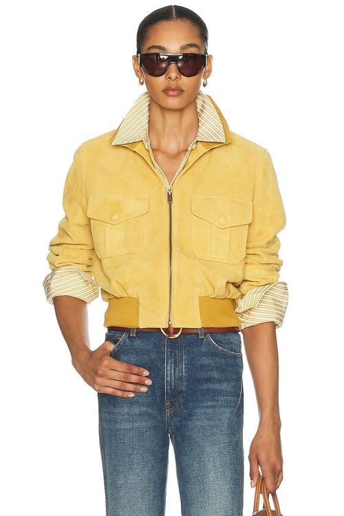 FRAME The Suede Ace Jacket in Dijon - Yellow. XS also in