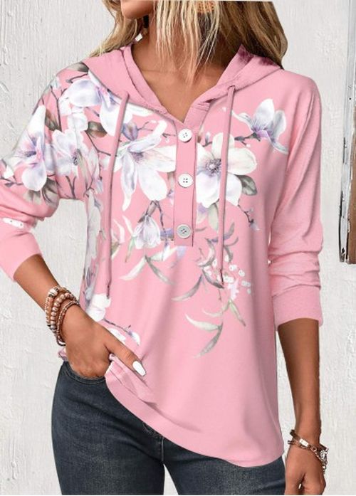 Modlily Pink Button Floral Print Long Sleeve Hoodie