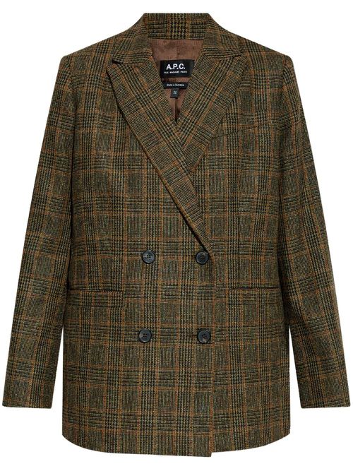 Checked wool double-breasted blazer - Brown