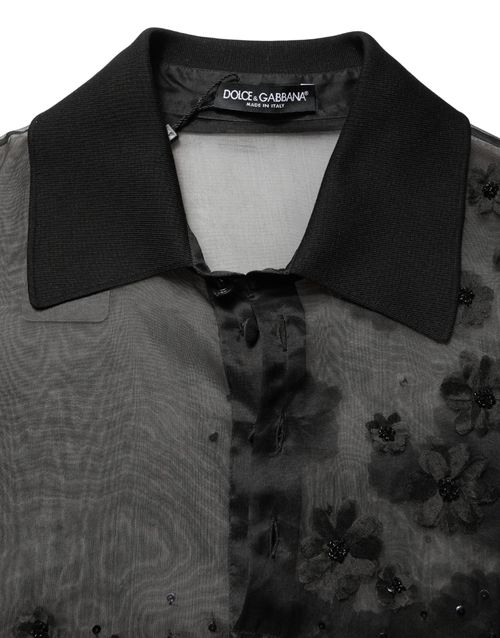 Floral Appliqué Silk Shirt — Black