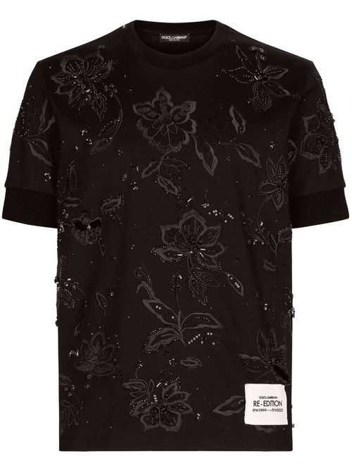 Floral-embroidered cotton T-shirt - Black