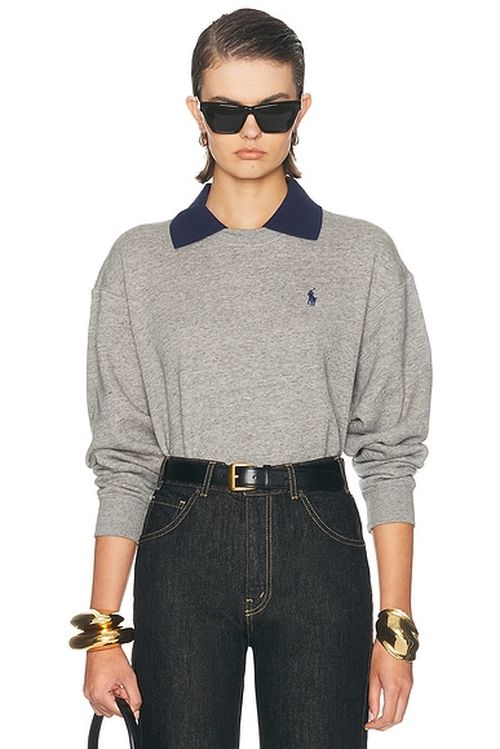 Polo Ralph Lauren Arctic Fleece Long Sleeve Collared Sweatshirt in Dark Vintage Heather - Grey. S also in