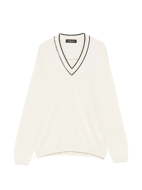 V-Neck with Contrasting Trim Sweater — Off-white