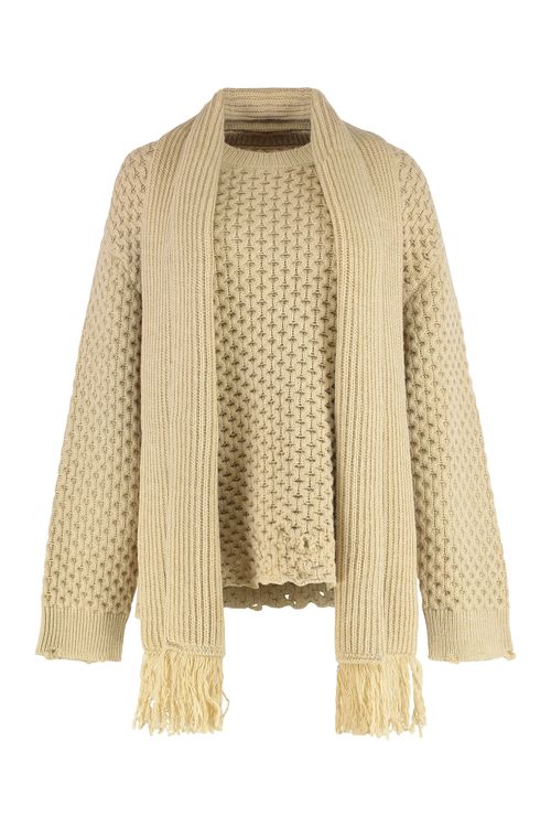Distressed Wool-Blend Crewneck Sweater with Ribbed Knit Scarf Detail