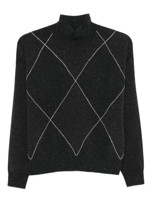 Diamond-Pattern High-Neck Sweater — Black