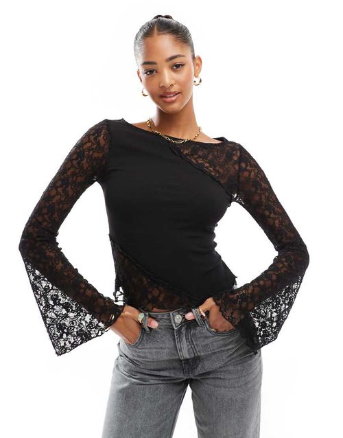 ASOS DESIGN angel sleeve seam detail lace top in black-White