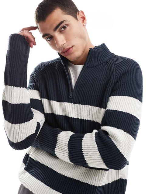 Hollister quarter zip knit sweater in navy stripe