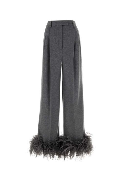 Feather-Trimmed Cashmere Trousers — Gray