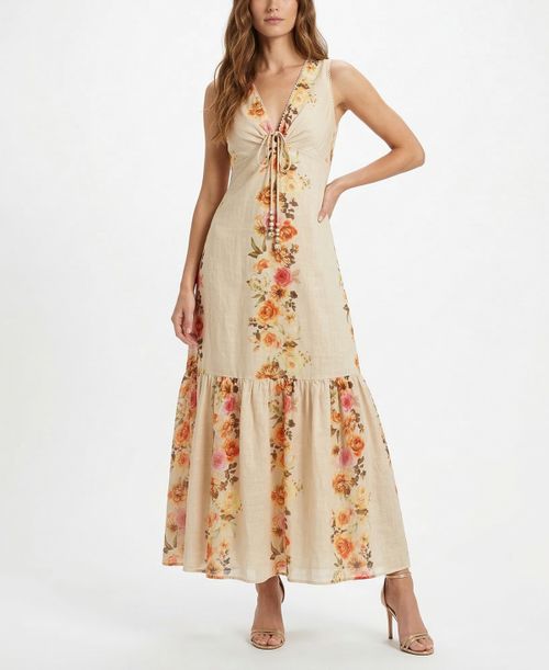 Women's V-Neck Floral Keyhole Dress - Wheat Lava