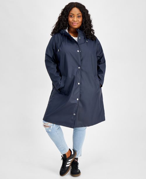 Plus Size Hooded Long-Sleeve Zip-Front Coat - Navy